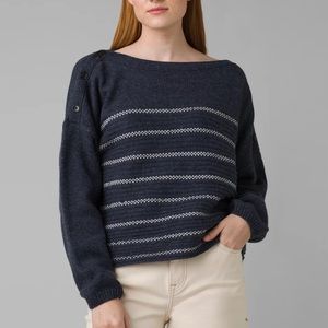 Prana Chunky Sweater Wool Blend Oversized Pullover Blue Baggy Cropped Boatneck